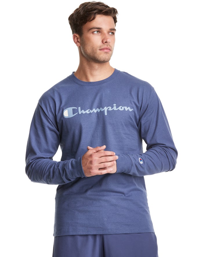 Champion T-Shirt Heren - Blauw - Classic Long-Sleeve Script Logo ( 174208-EQL )